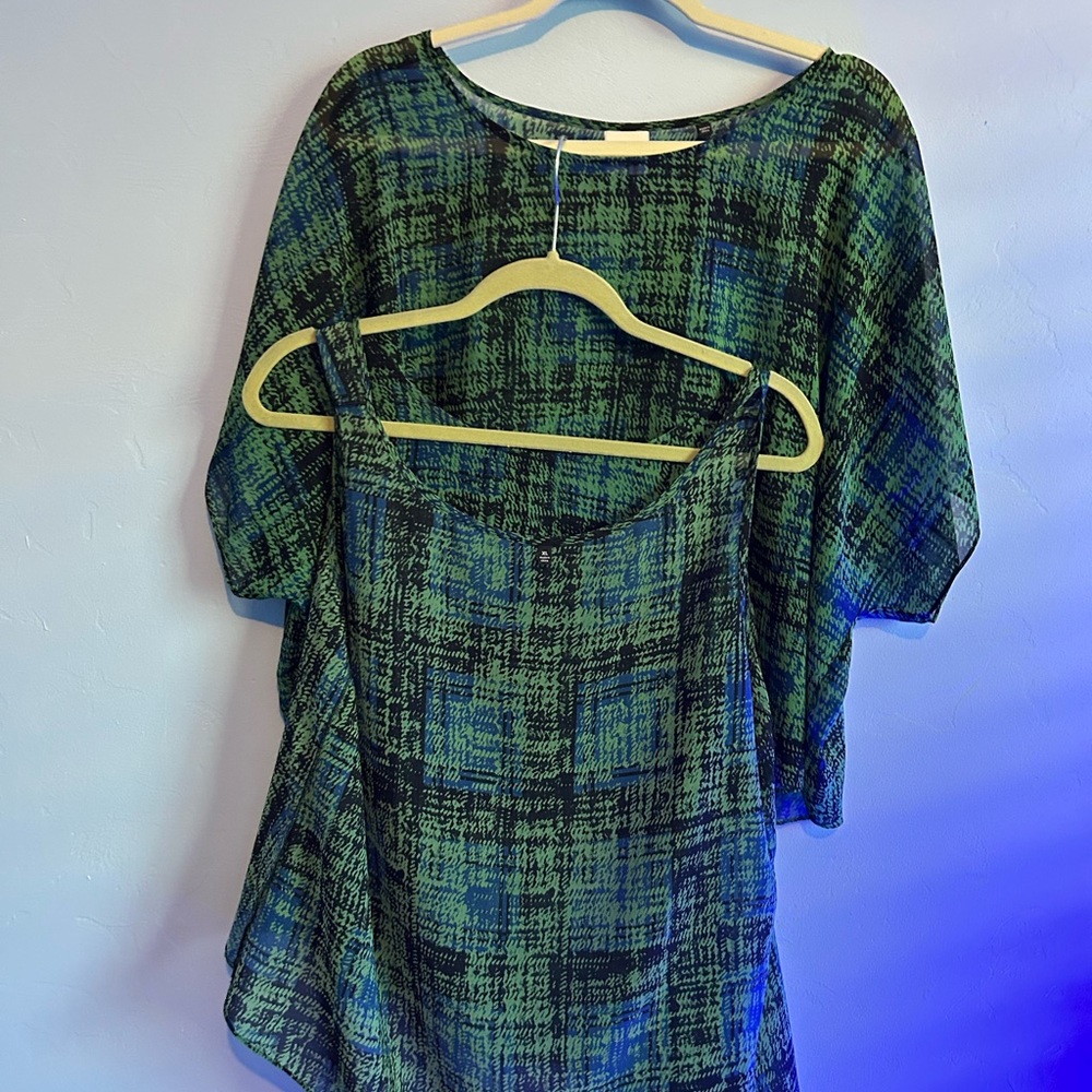 CAbi Green and Blue Checkered Blouse